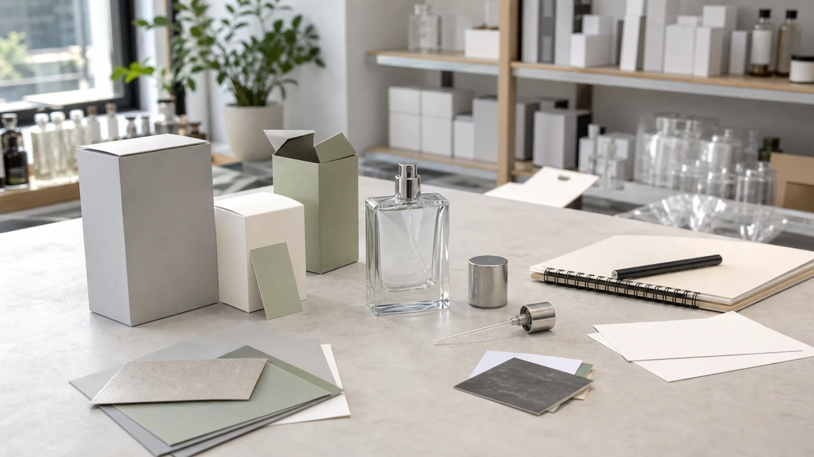 Comprador planificando cantidades de perfume y costes de componentes en una mesa de trabajo, relacionado con cuánto cuesta un perfume de marca privada
