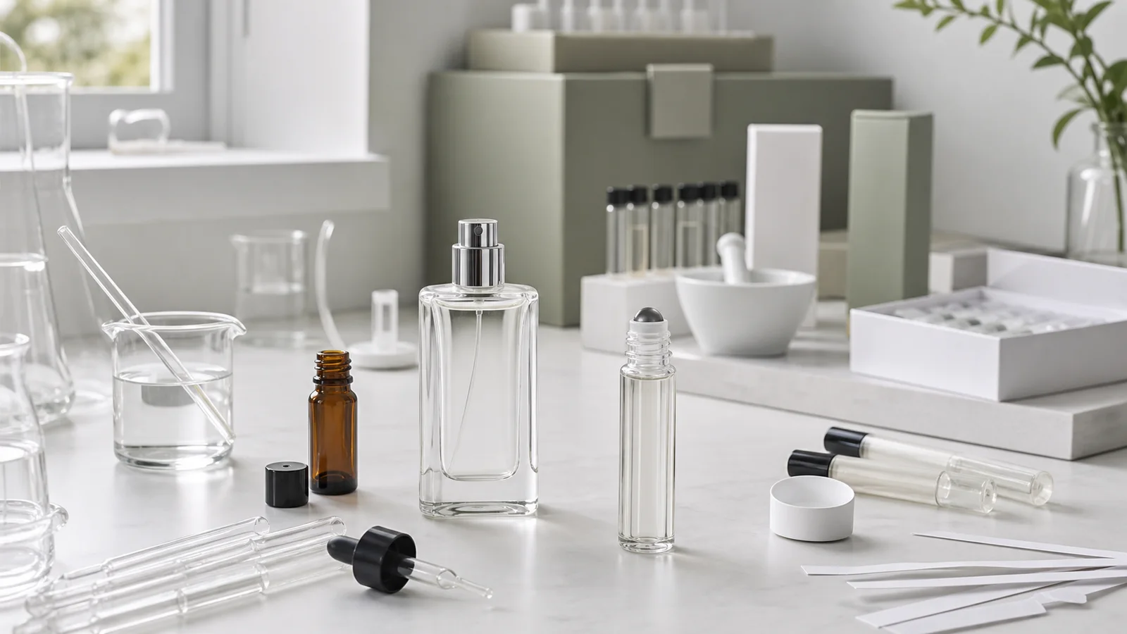 Diferentes formatos de productos perfumados dispuestos para una comparación técnica sobre la fabricación de perfumes sin alcohol