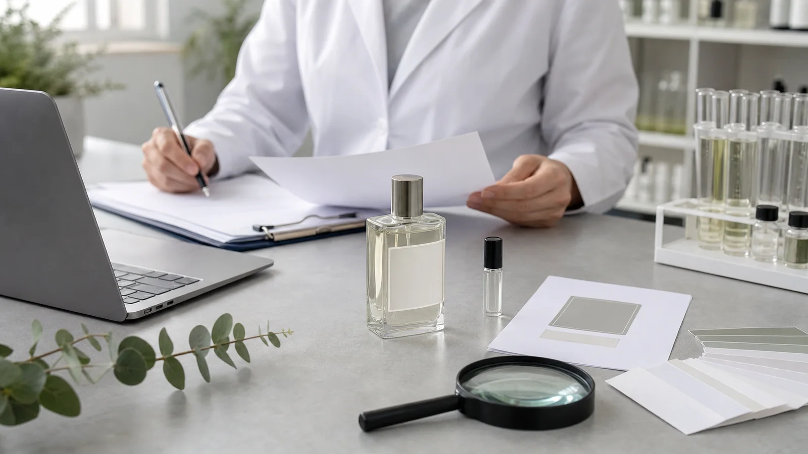 Especialista en normativa revisando documentación de un producto de perfumería, relacionado con los requisitos de etiquetado de perfumes en la UE