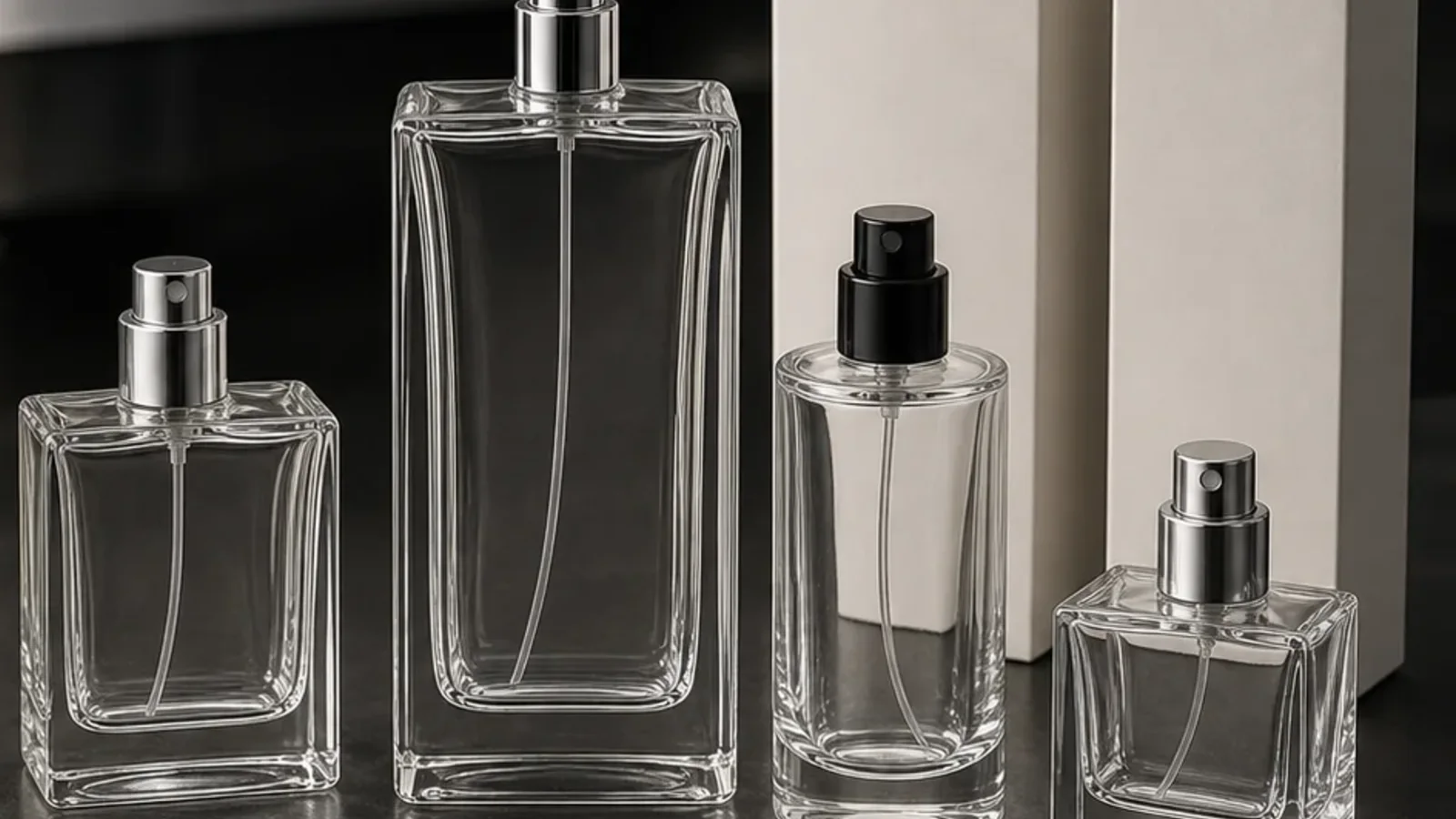 Frascos de perfume, bombas y tapones preparados para evaluar su compatibilidad entre bombas engarzadas y roscadas