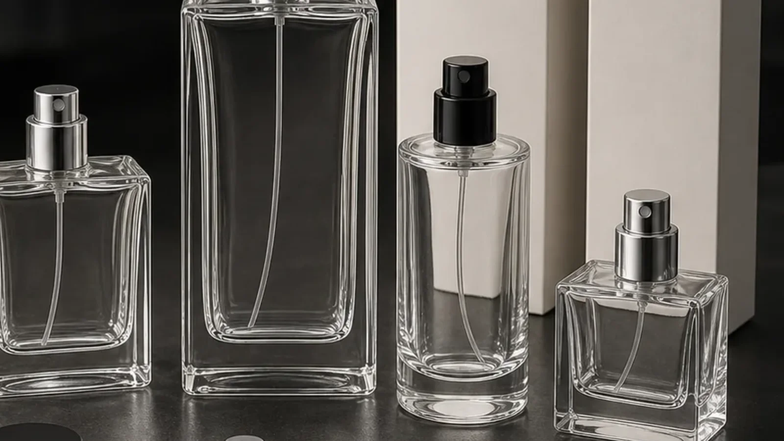 Componentes de envases de perfume dispuestos para revisar especificaciones sobre la combinación de fragancias y el MOQ