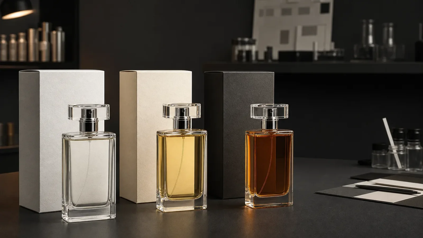 Conceptos de productos de perfumería dispuestos para la revisión de un proyecto, relacionado con el perfume de marca blanca para empresas emergentes