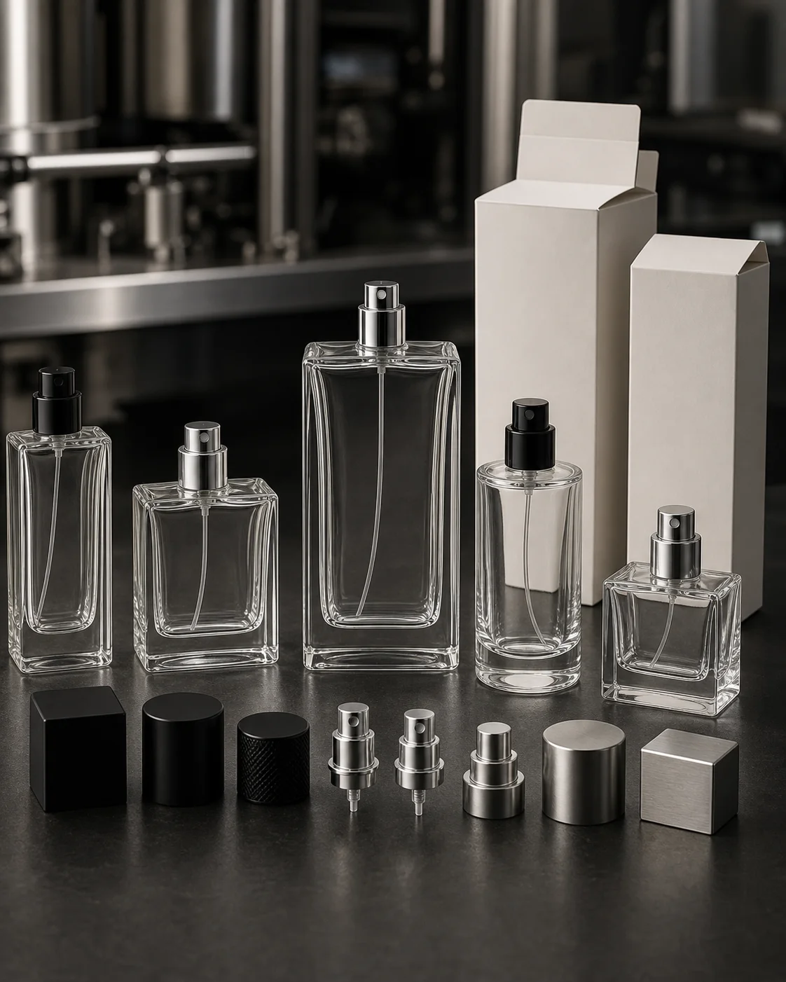 Unbranded perfume bottles, pumps, caps and folding cartons for packaging customization
